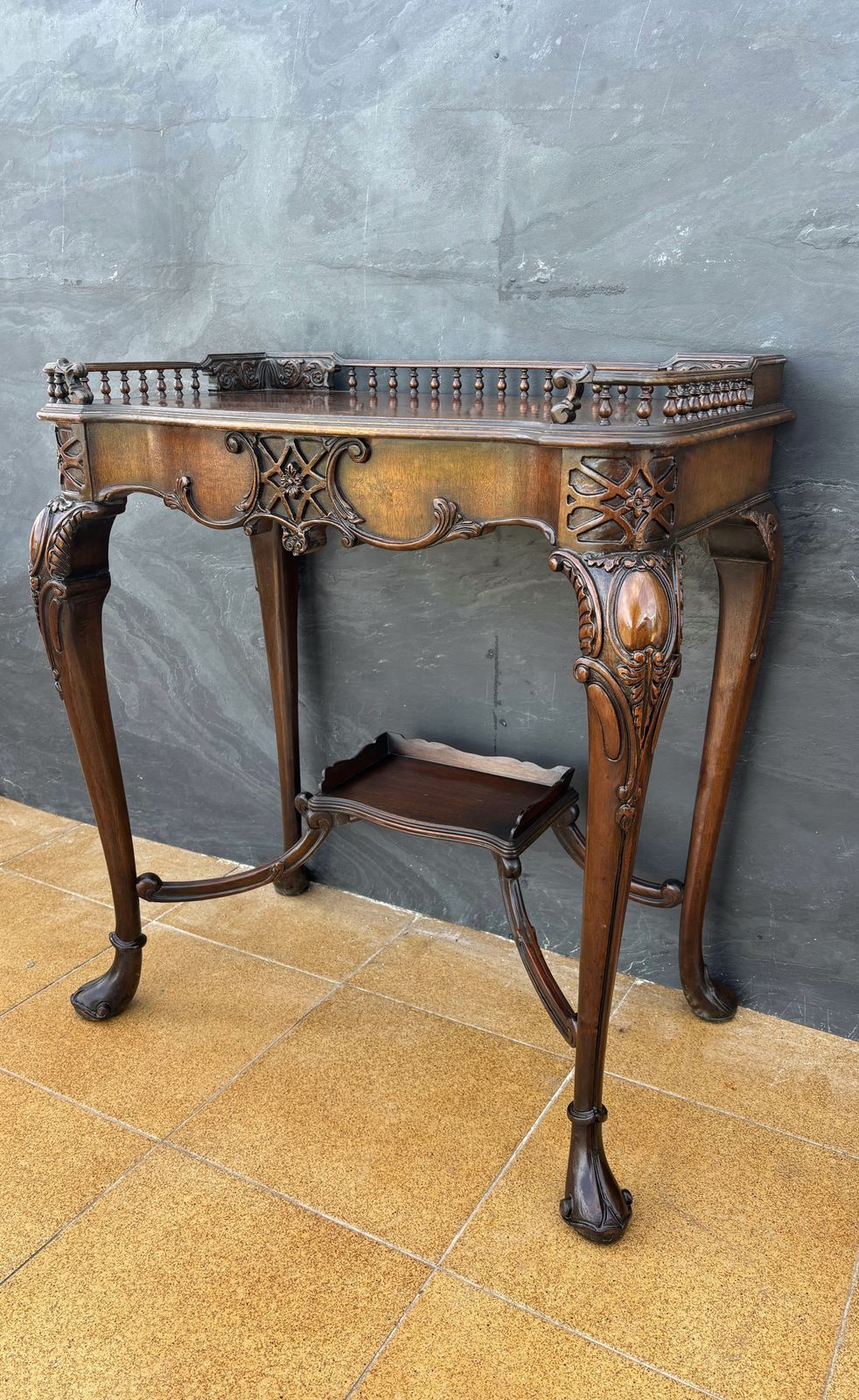 photo furniture Louis XV Style Carved Wood Side Table With Gallery Top And Cabriole Legs, 1930s
