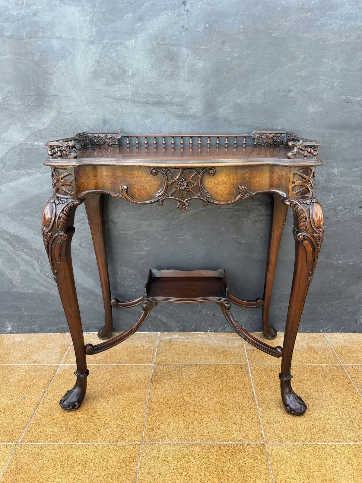 Furniture Louis XV Style Carved Wood Side Table With Gallery Top And Cabriole Legs, 1930s photo