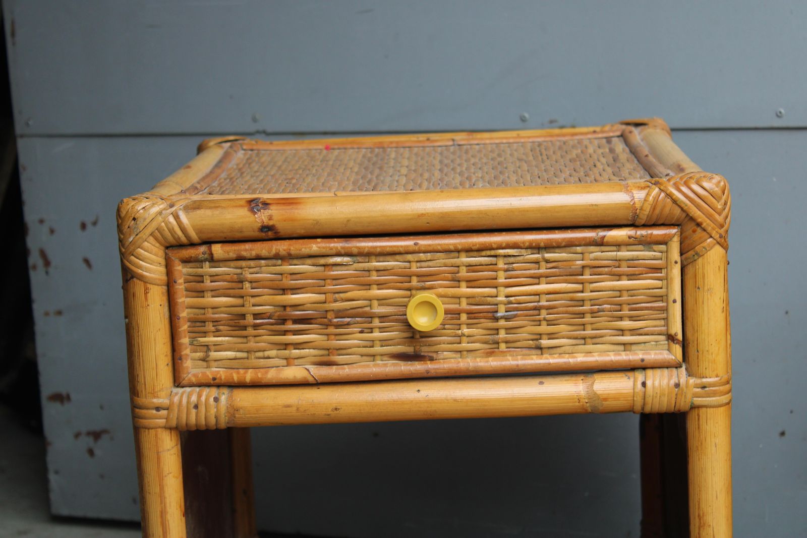 Pair Of Cube Shaped Bamboo Bedside Table With Drawer And Shelf Italy 1970s. photo vinterior