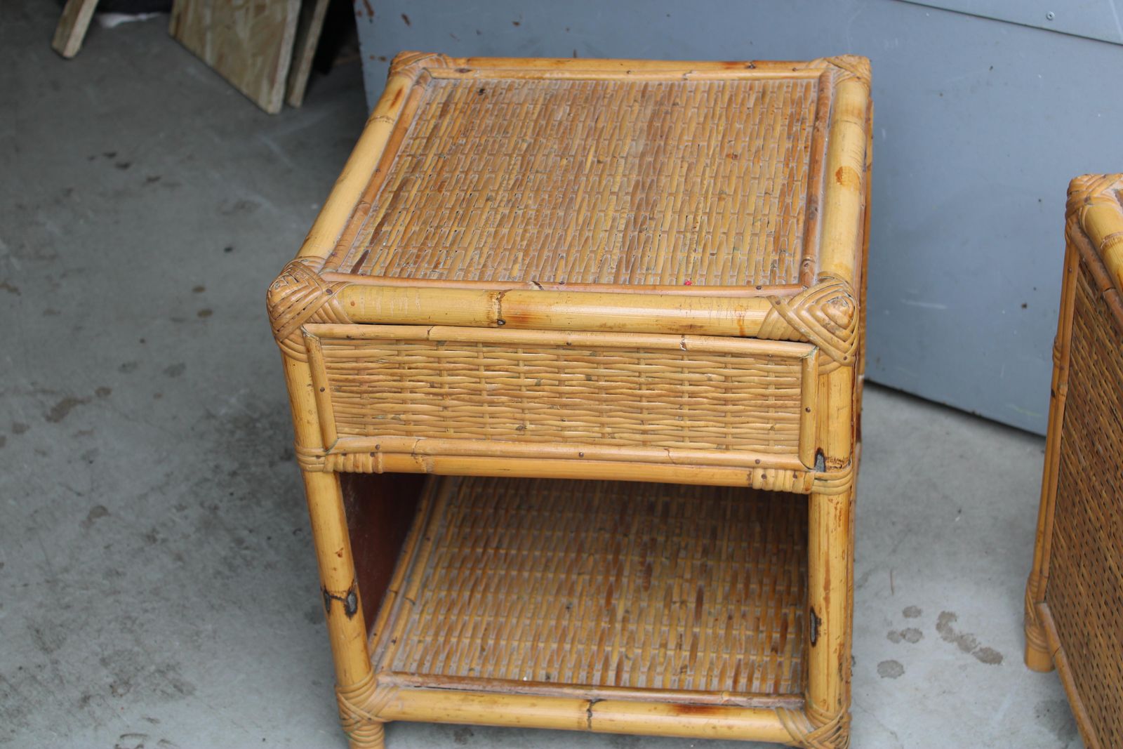 Furniture Pair Of Cube Shaped Bamboo Bedside Table With Drawer And Shelf Italy 1970s. photo