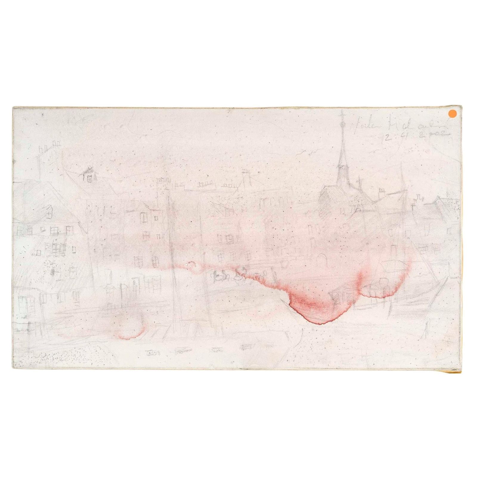 Drawing On Canvas By Jochen Michaelis, View Of A Village And Its Red Mist.