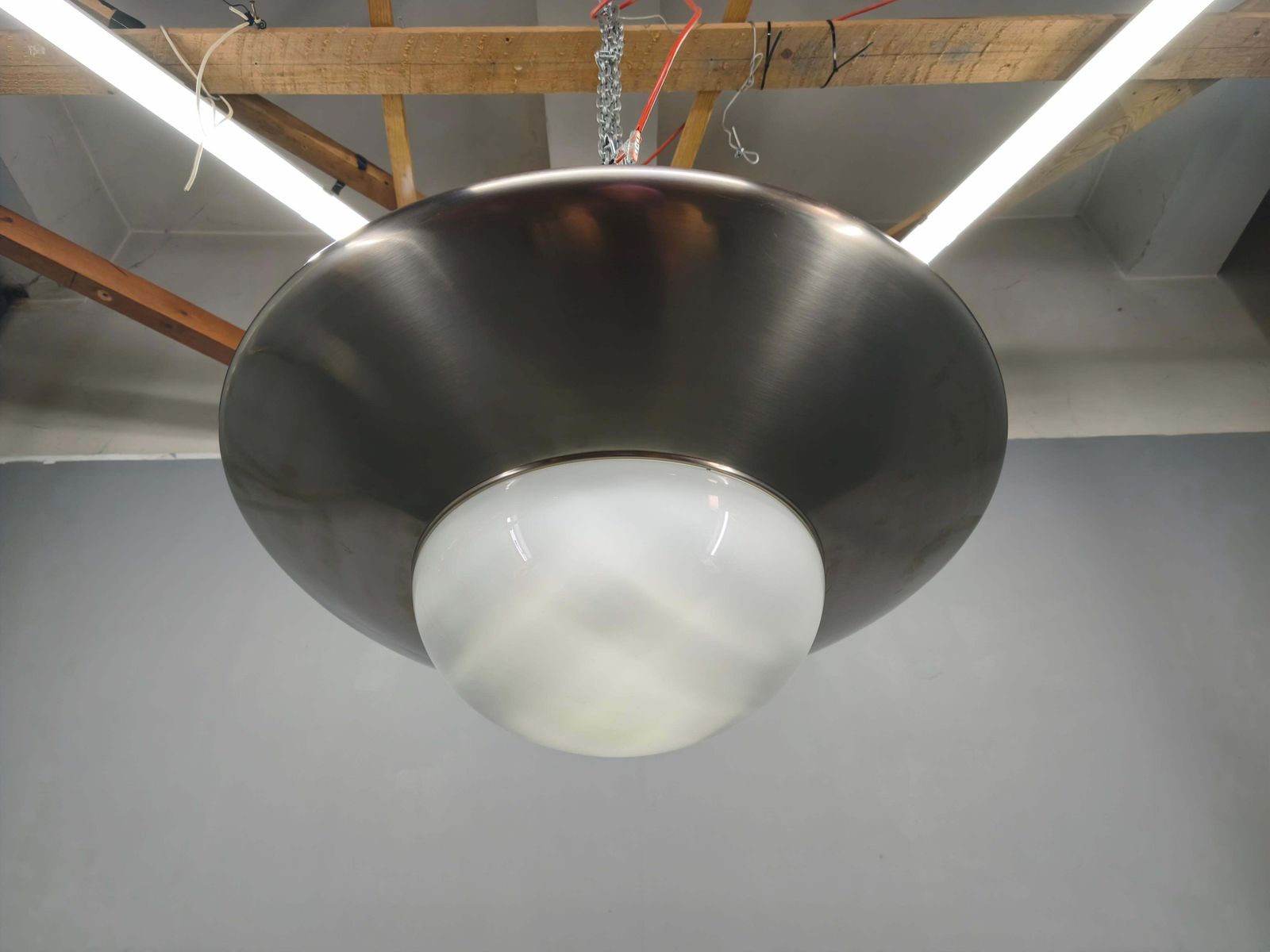 Bauhaus Pendant Light In Nickel And Glass, 1930s Czechoslovakia. photo for sale