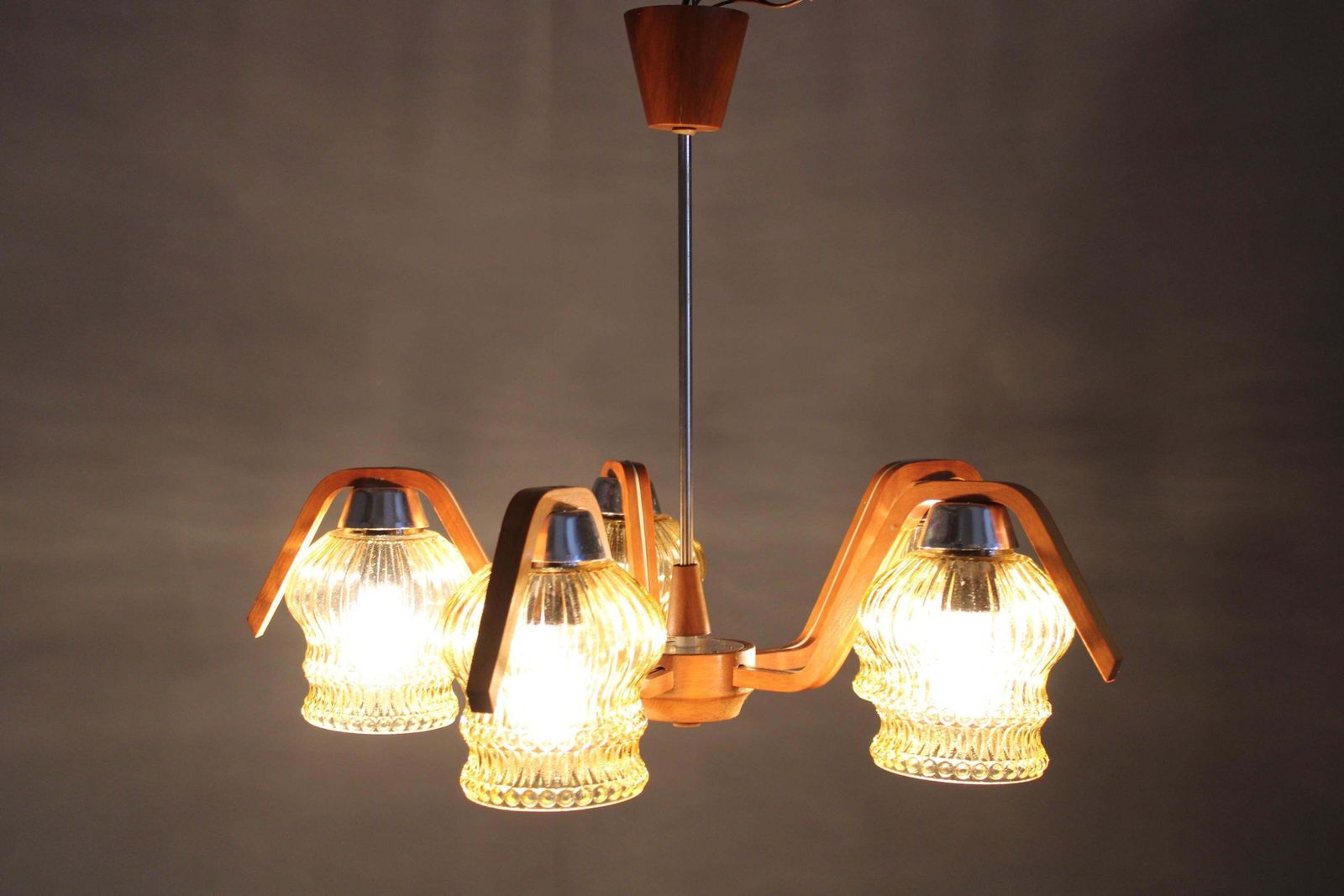 Mid Century Czech Wood Glass Chandelier, 1970s Restored. photo Lighting