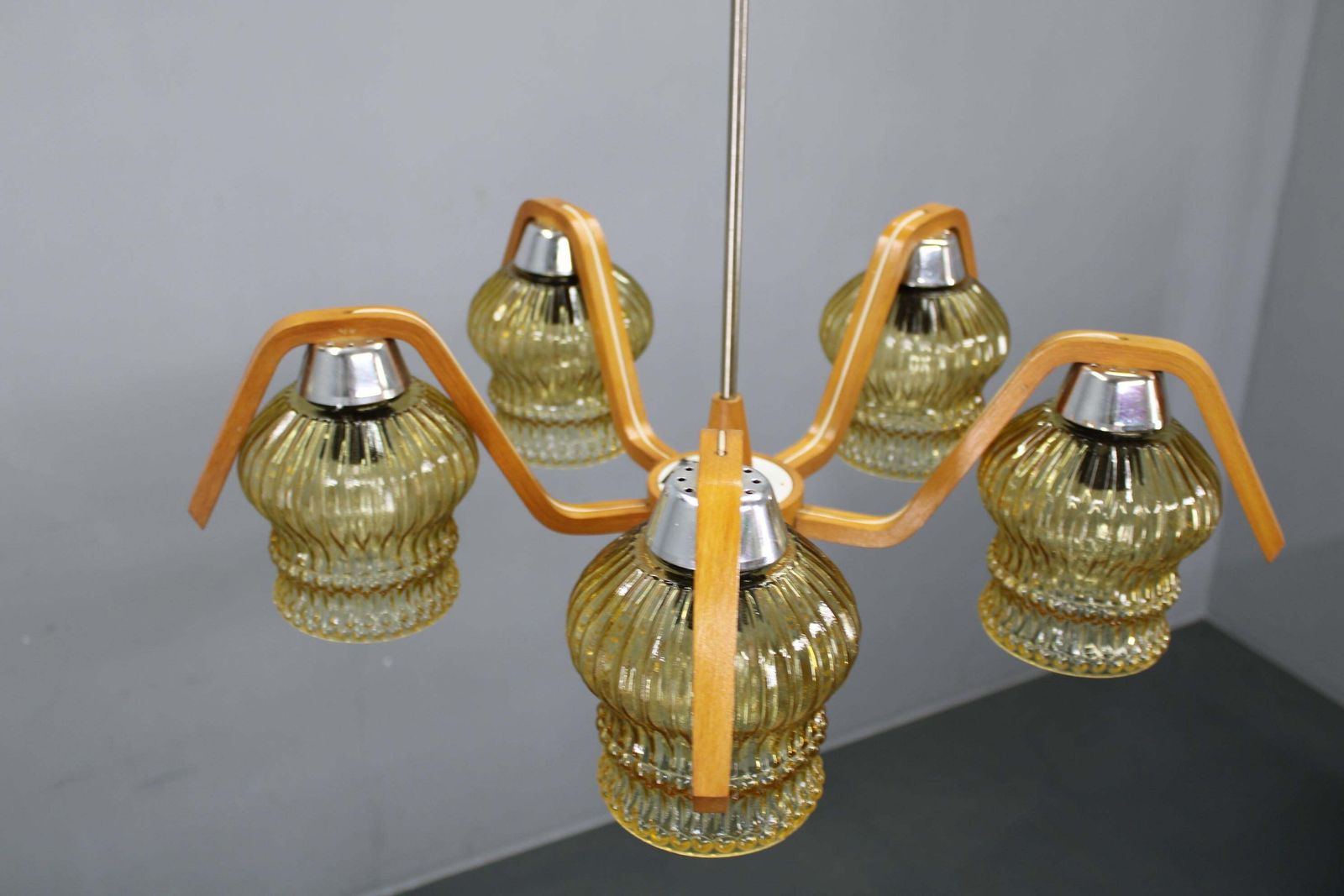 Mid Century Czech Wood Glass Chandelier, 1970s Restored. photo 398.0