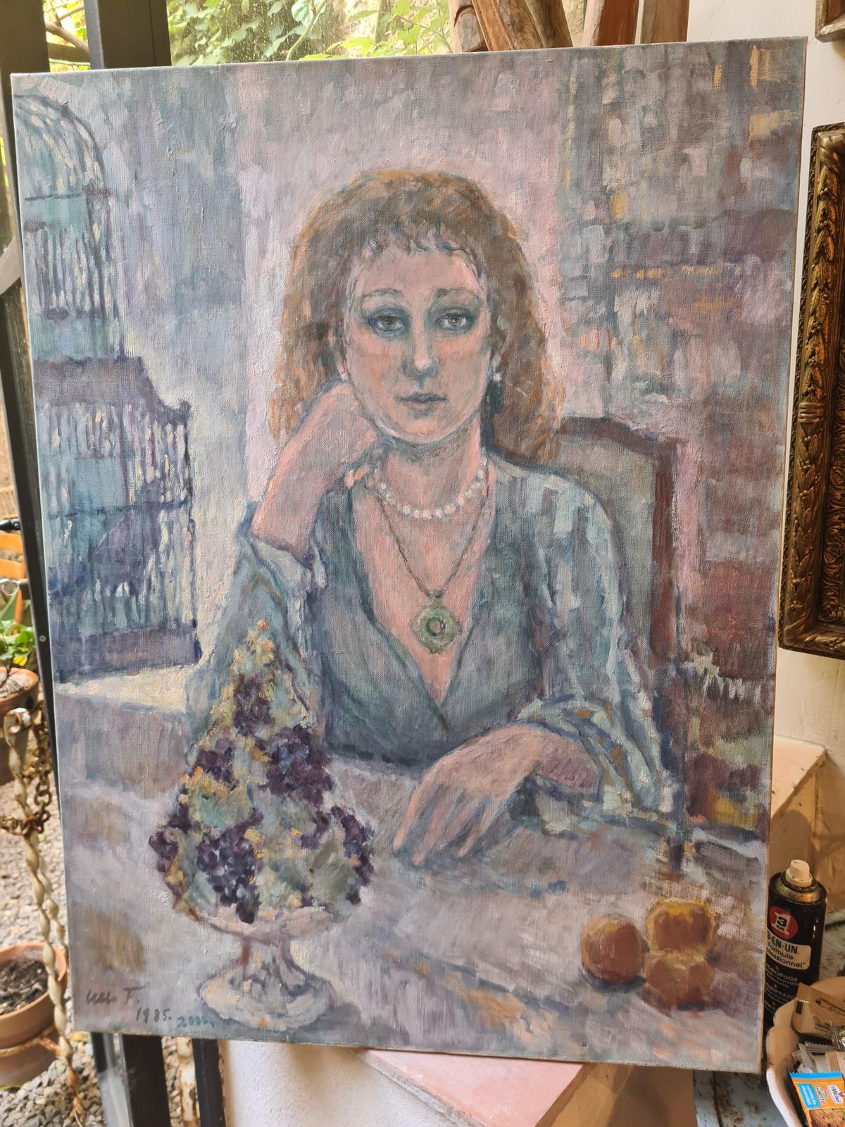 photo furniture Ulla Fribrock Portrait Of Woman In Interior, Oil On Canvas Modern Figurative Late 20th Century 1985.