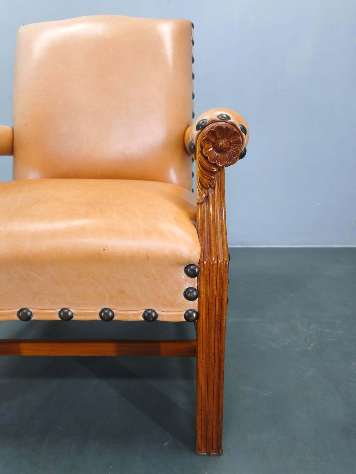 Antique Danish Leather Armchair Carved Wood Club Chair, Early 1900s. photo 908.0