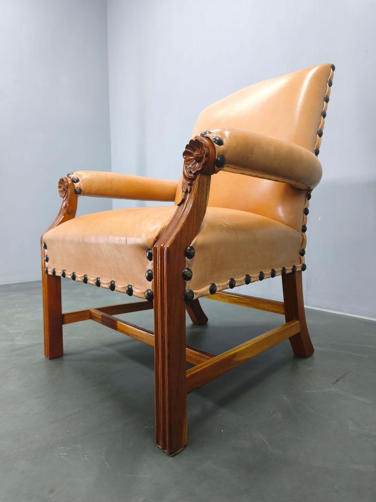 photo furniture Antique Danish Leather Armchair Carved Wood Club Chair, Early 1900s.