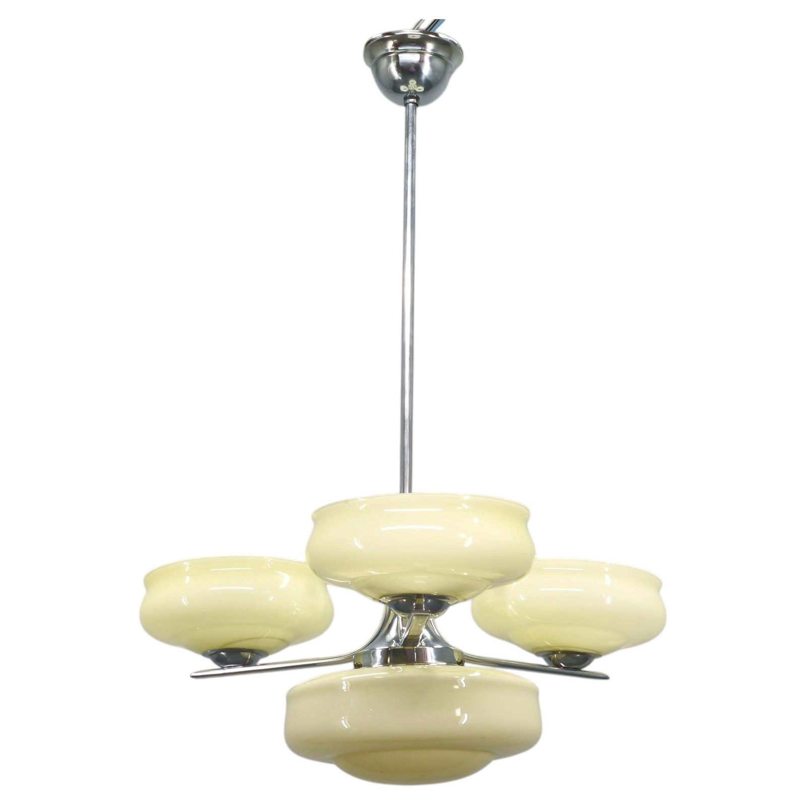 Bauhaus Chandelier Czechoslovakia 1930s Milk Glass Chrome Pendant.