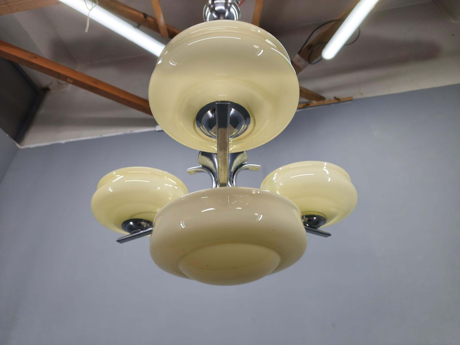 Bauhaus Chandelier Czechoslovakia 1930s Milk Glass Chrome Pendant. photo 795.0