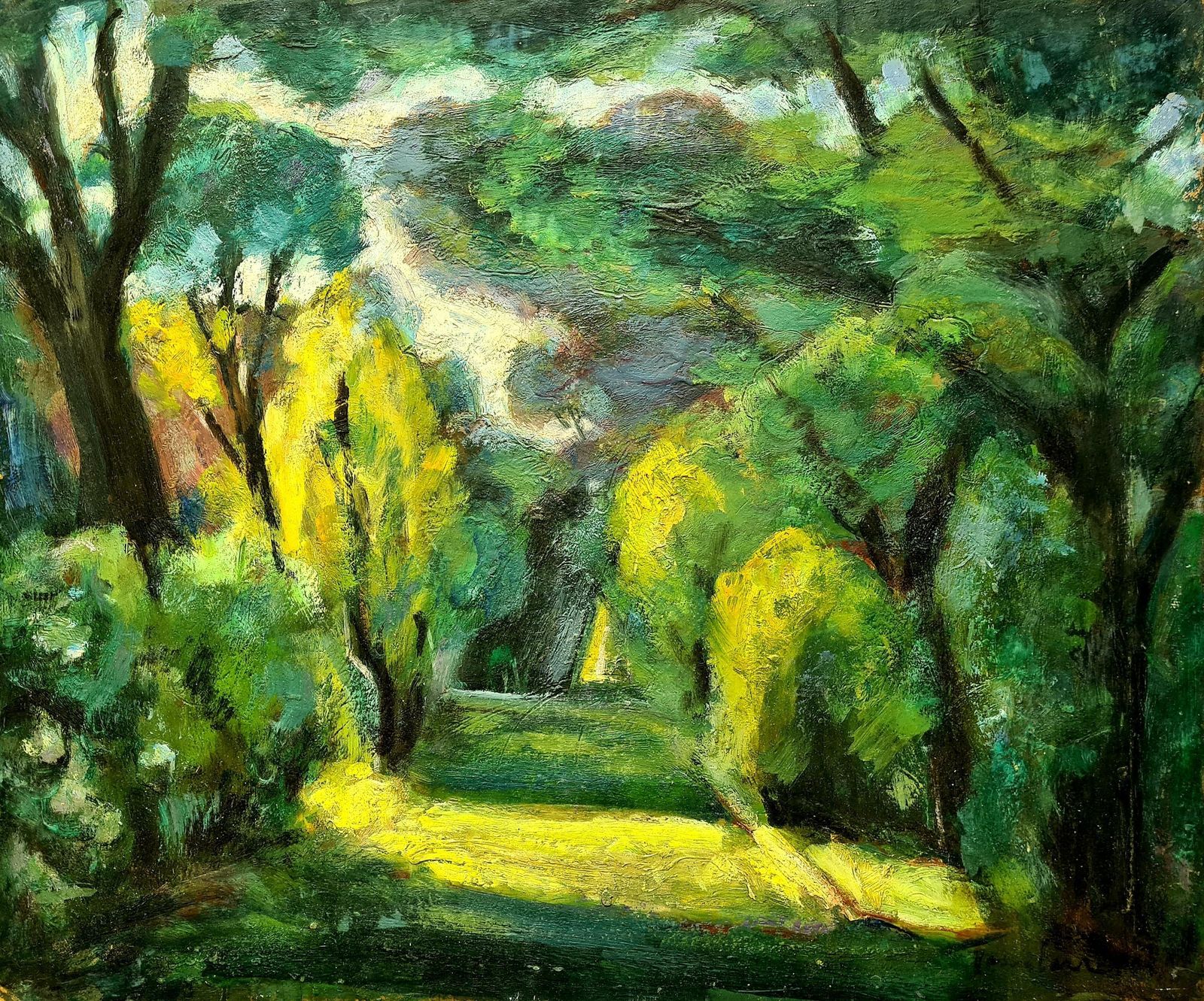 Jean Perret Sunny Wooded Glade, Mid Century Oil On Board Landscape, 54x64 Cm.