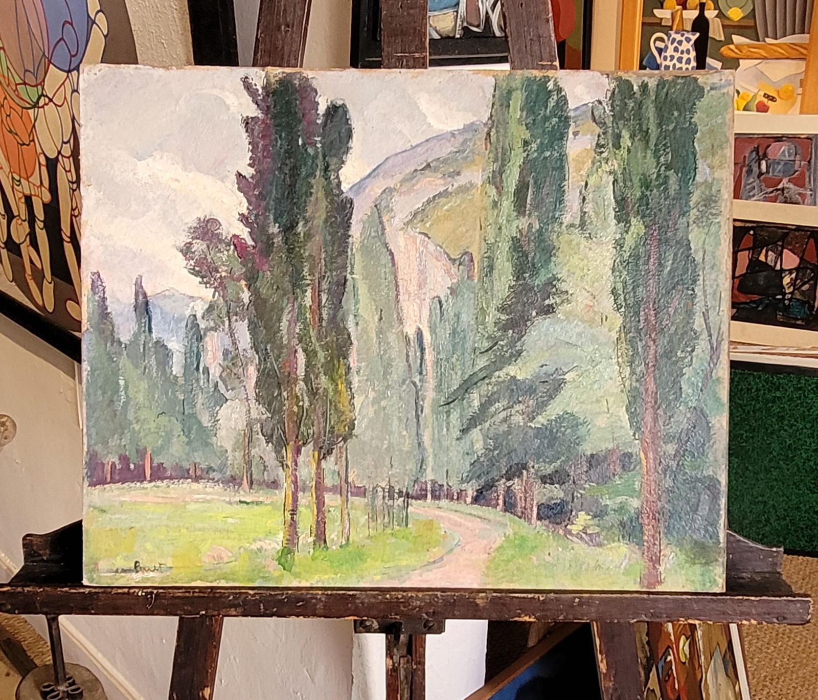 Art Jean Perret Provençal Landscape With Cypress Trees. Oil On Board. 44cm X 54.5cm. photo