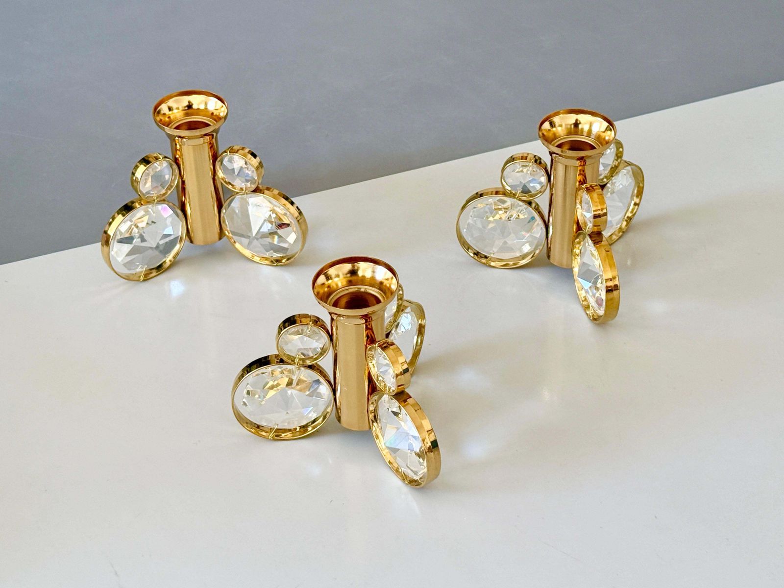 Home Decor Set Of 6 Palwa Gaetano Sciolari Style Brass & Crystal Candle Holder Candlestick. photo