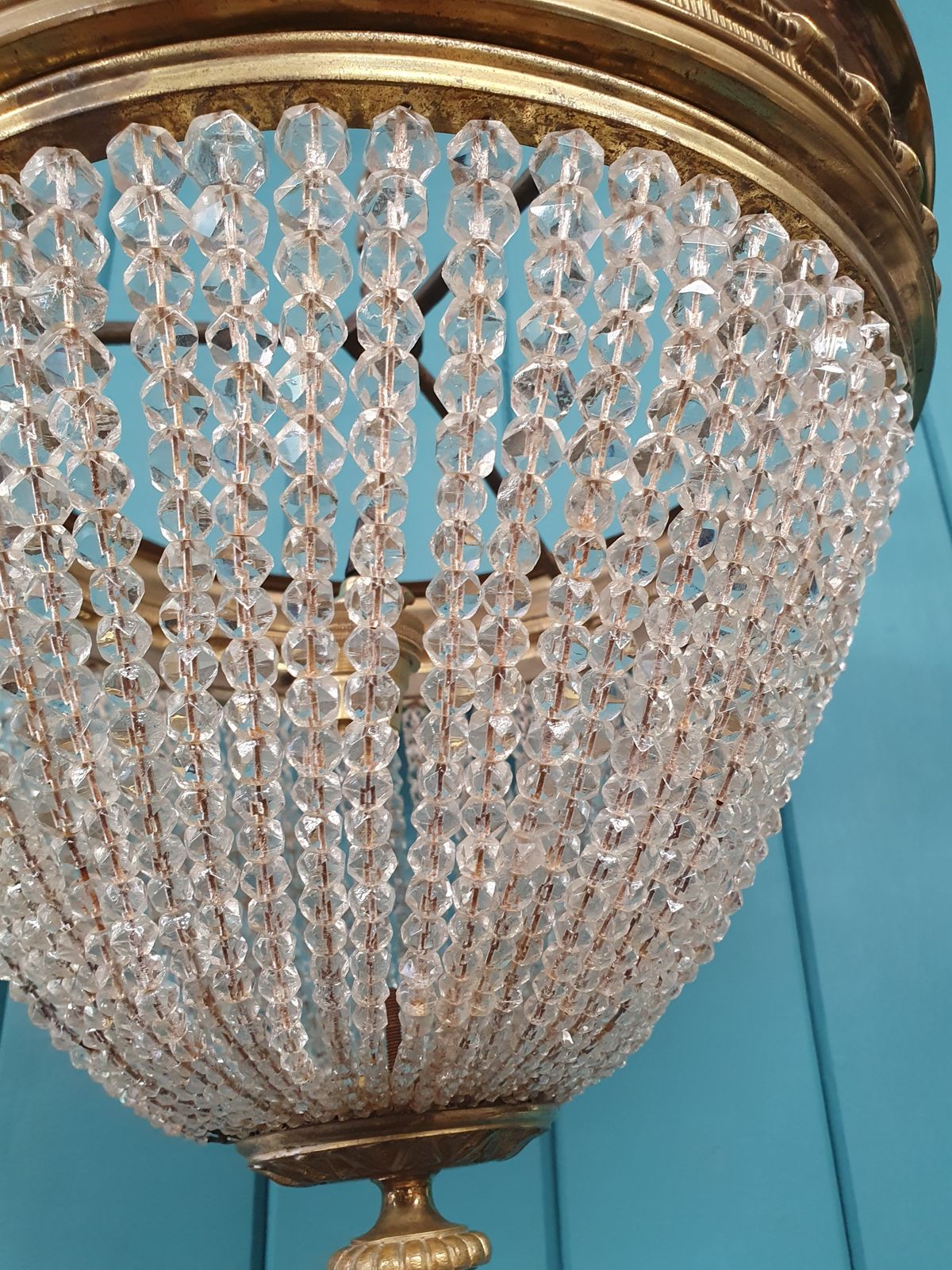 Early 20th Century Brass And Cut Glass Beaded Chandelier 13" photo vinterior