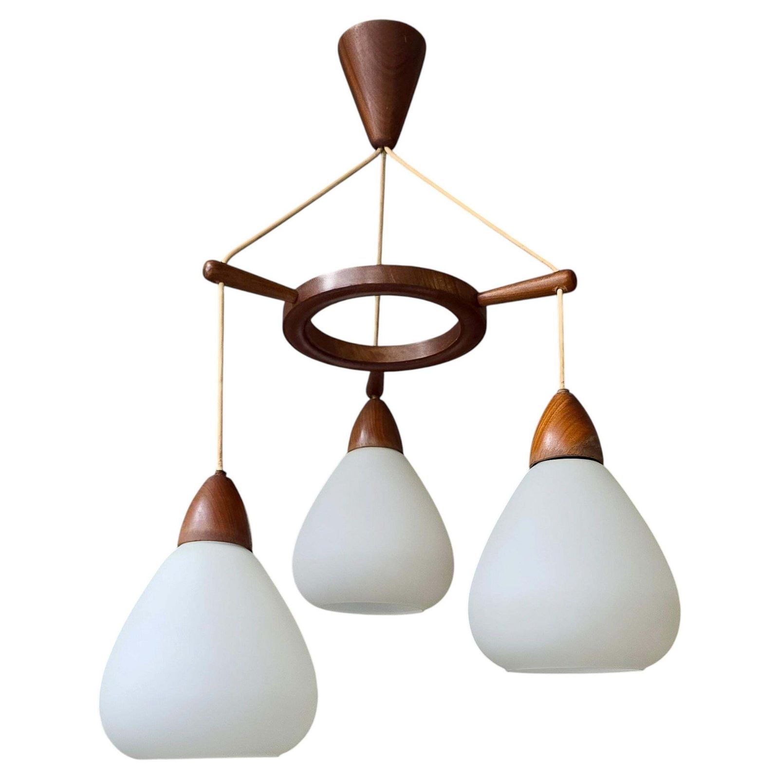 Danish Mid Century Teak And Opaline Glass 3 Light Chandelier, 1960s