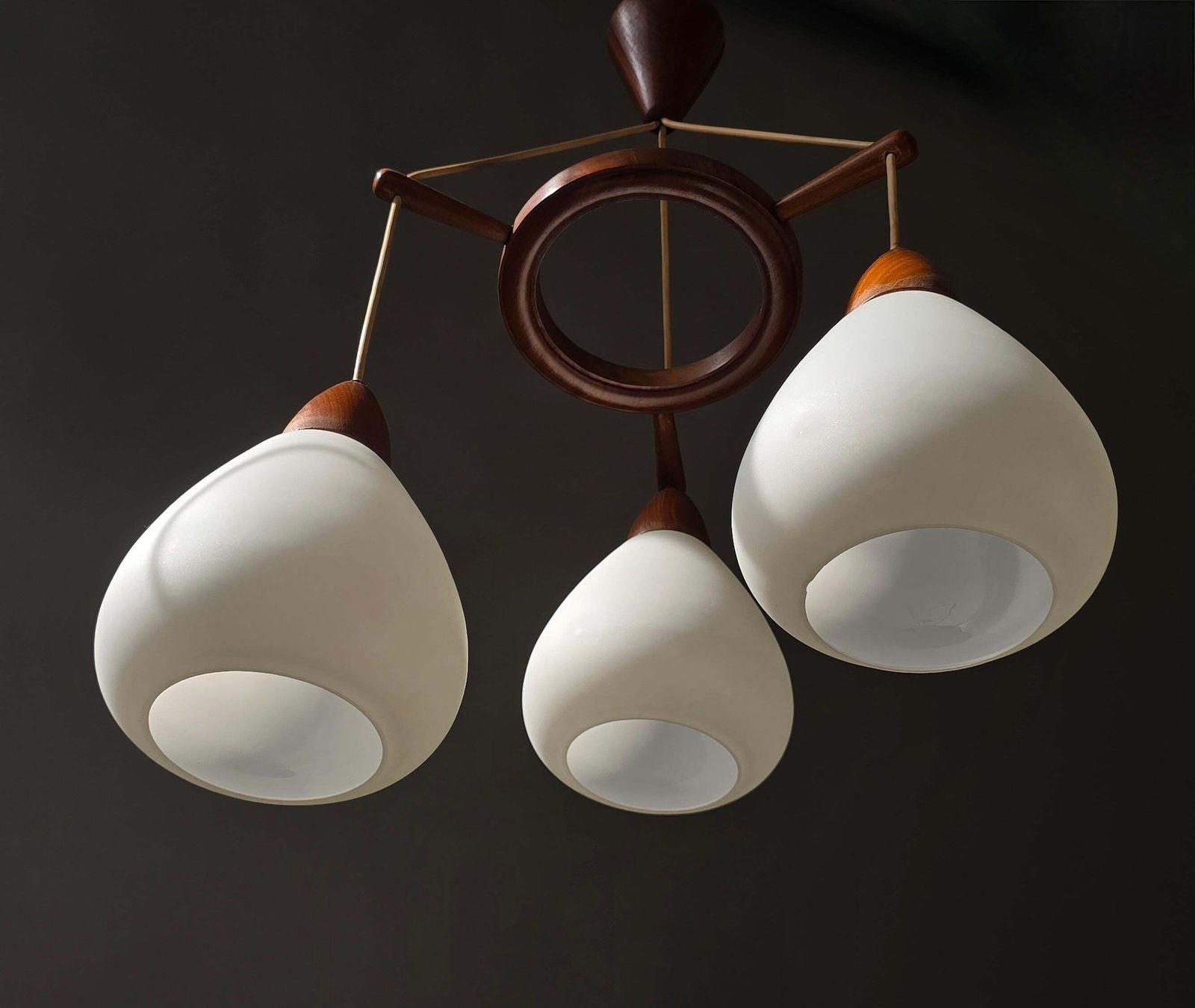 Danish Mid Century Teak And Opaline Glass 3 Light Chandelier, 1960s photo Lighting