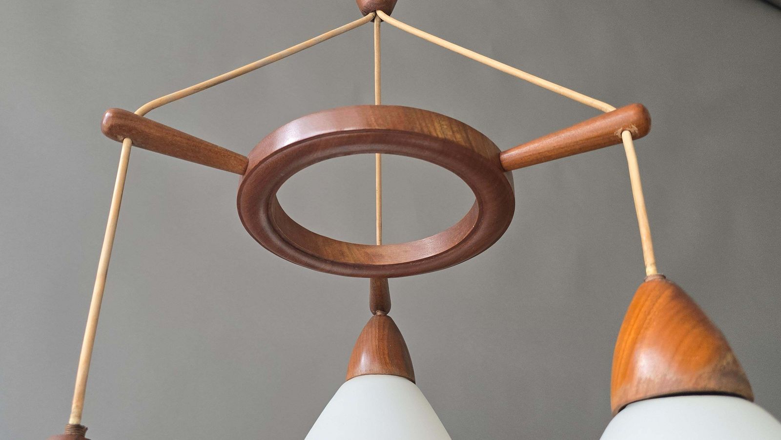 photo furniture Danish Mid Century Teak And Opaline Glass 3 Light Chandelier, 1960s
