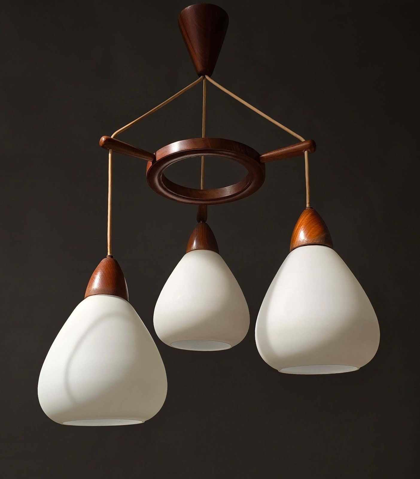 photo for sale Danish Mid Century Teak And Opaline Glass 3 Light Chandelier, 1960s