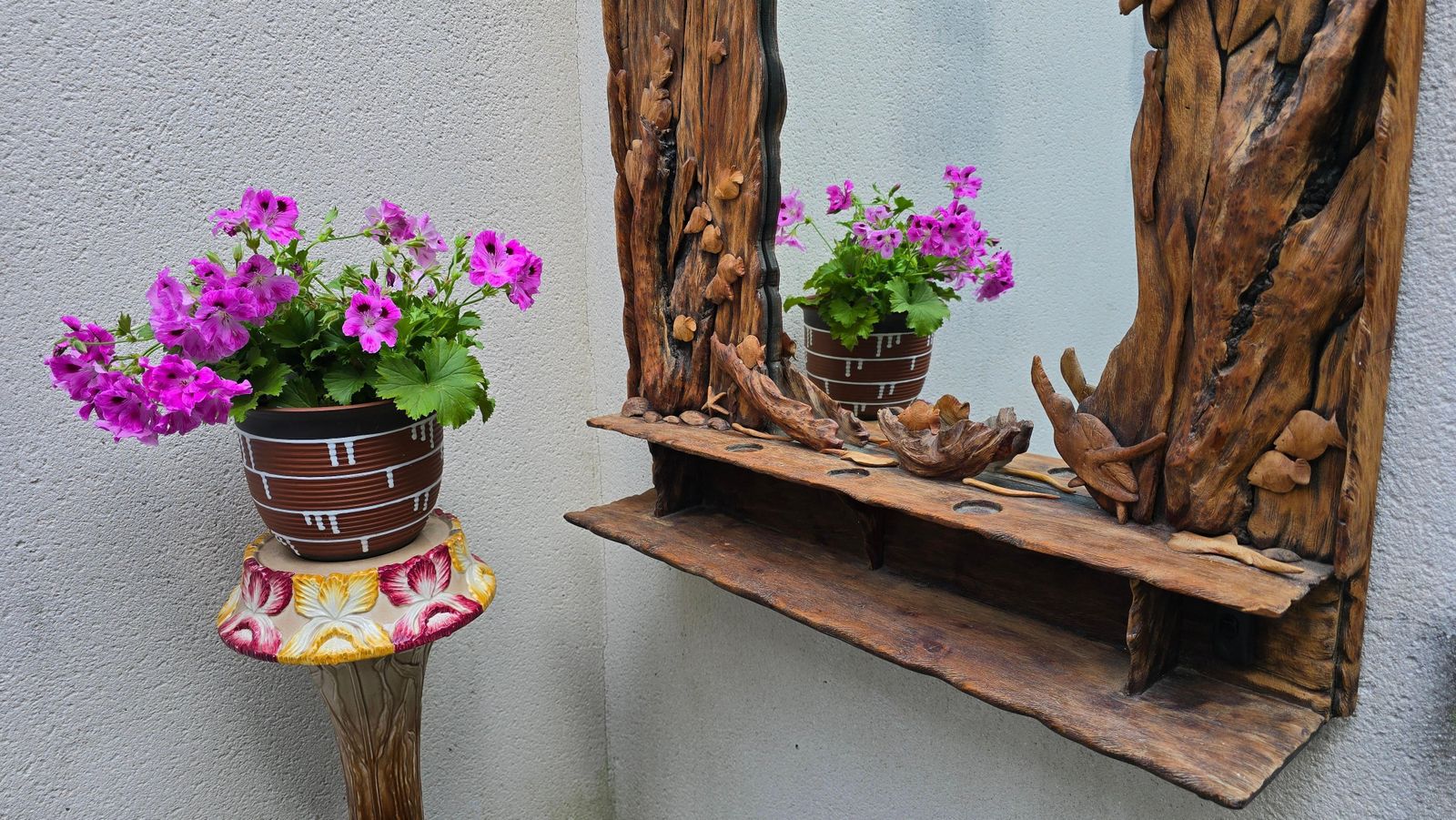 Hand Carved Wooden Mirror With Ocean Motifs And Integrated Lighting photo vinterior