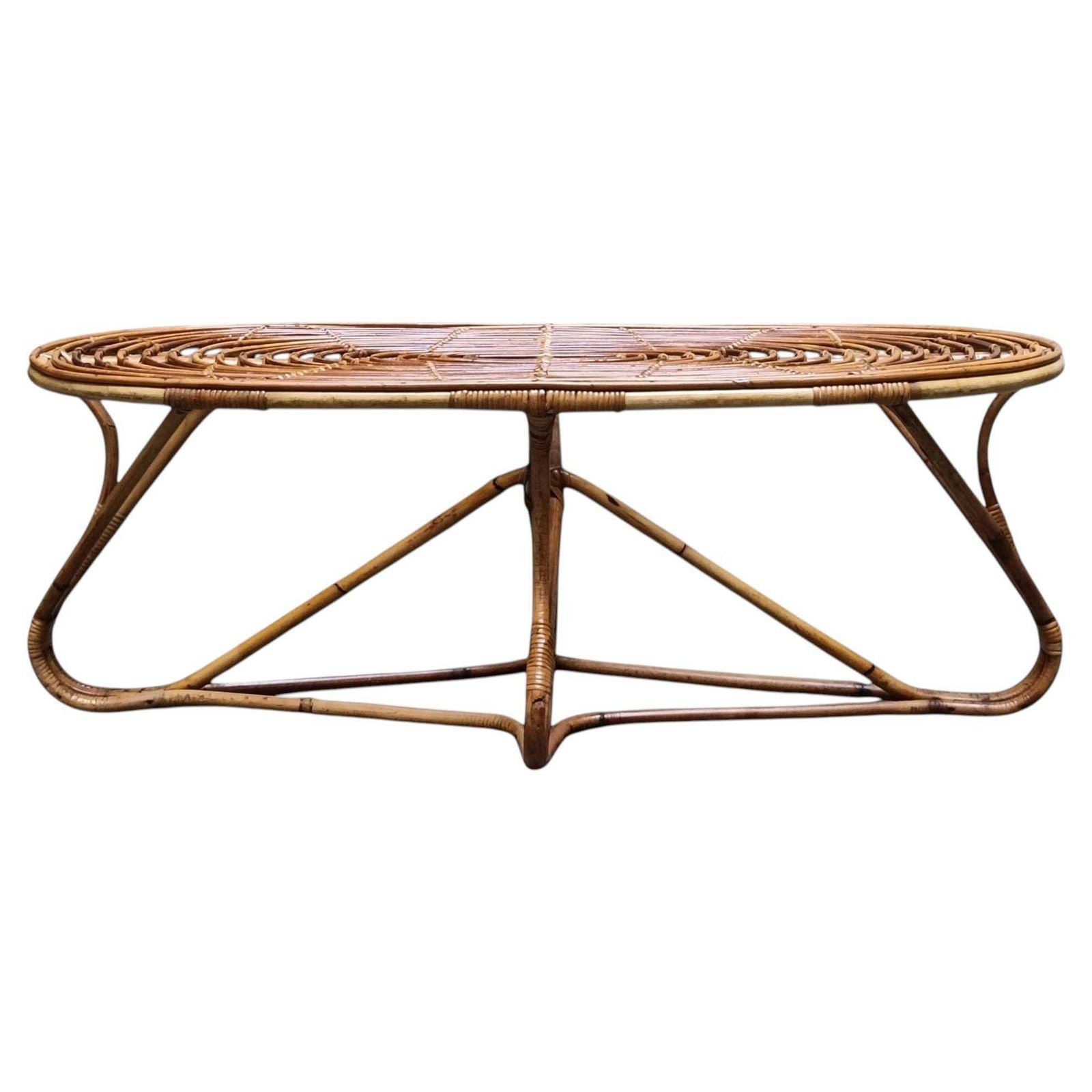 Tito Agnoli Attrib. Oval Woven Rattan Coffee Table, Italy 1960s