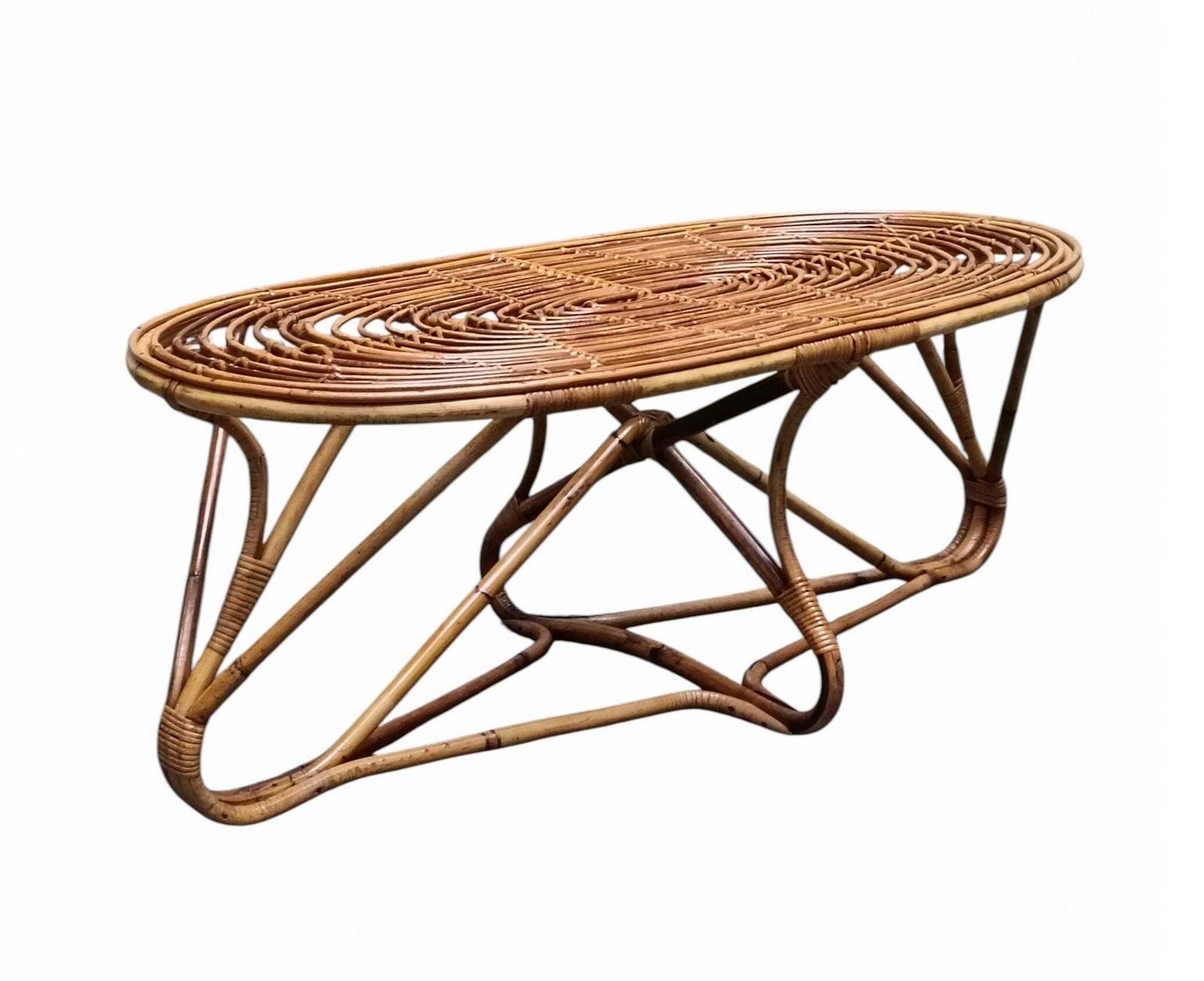 Tito Agnoli Attrib. Oval Woven Rattan Coffee Table, Italy 1960s photo furniture
