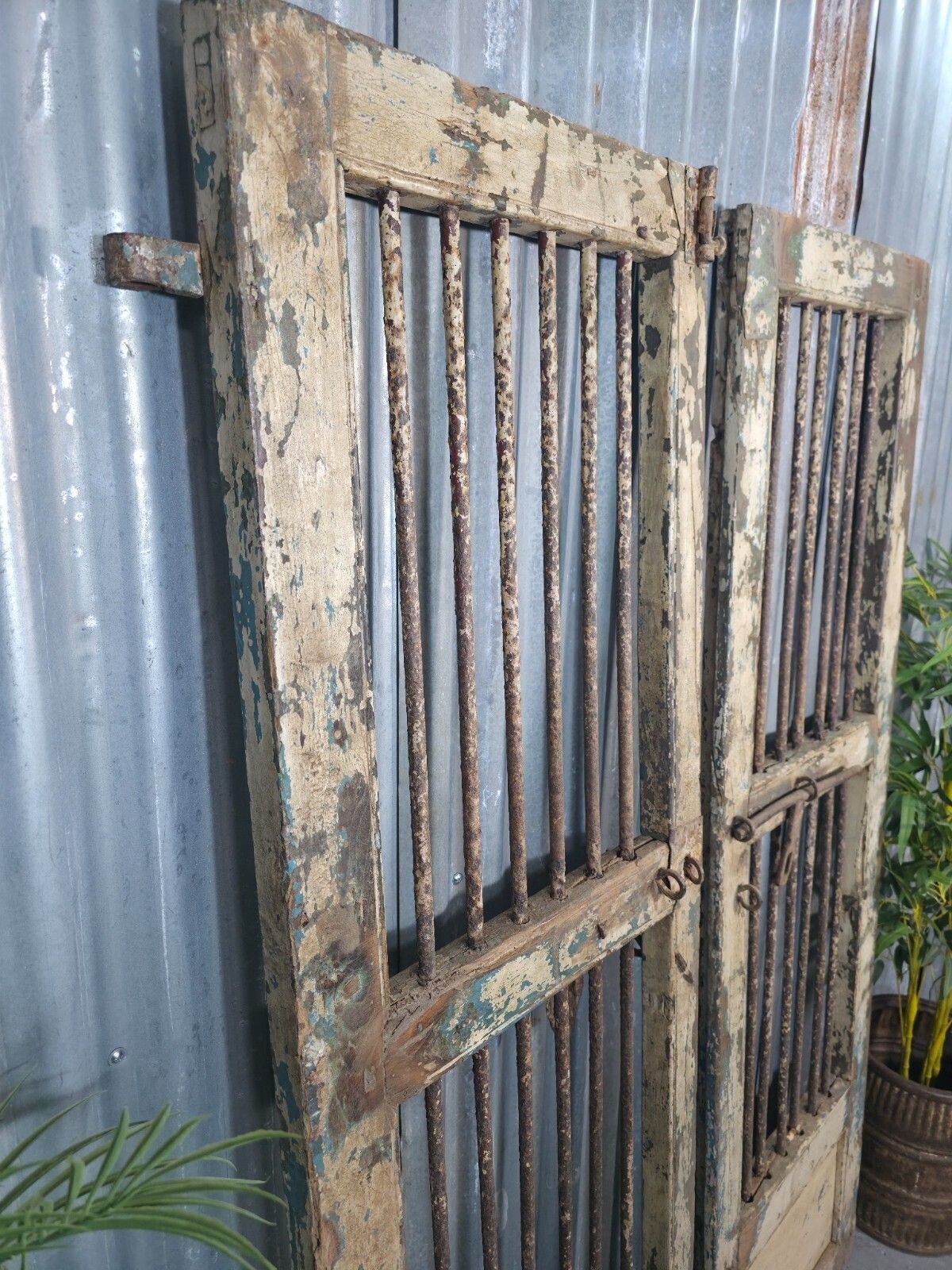 photo for sale Pair Vintage Rustic Indian Wooden Iron Doors Garden Gates Room Divider Screen