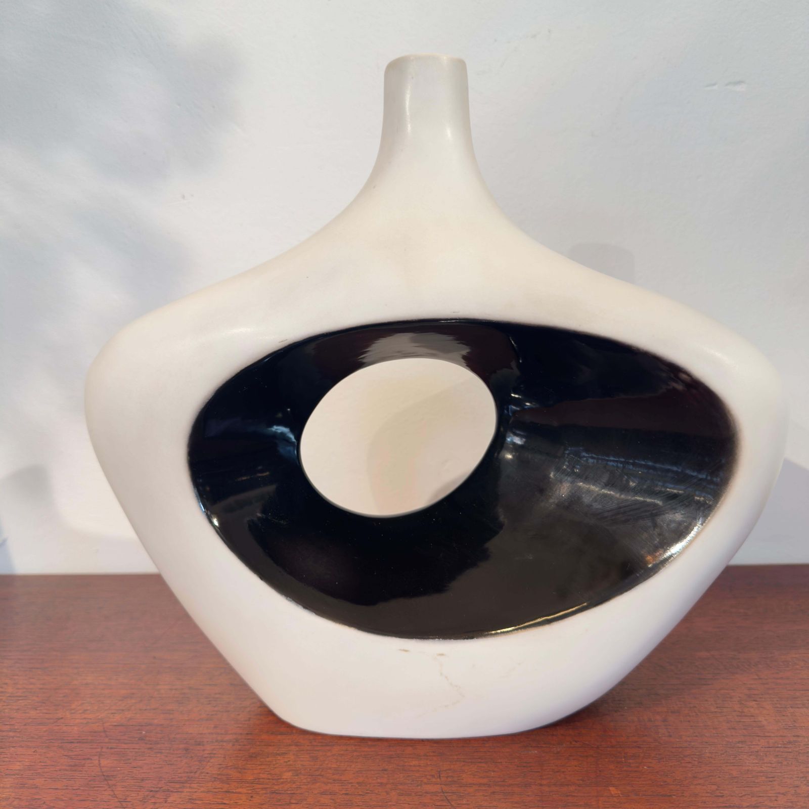 Mid Century Modern Abstract Ceramic Vase, Black And White Glaze, Italy, 1980s