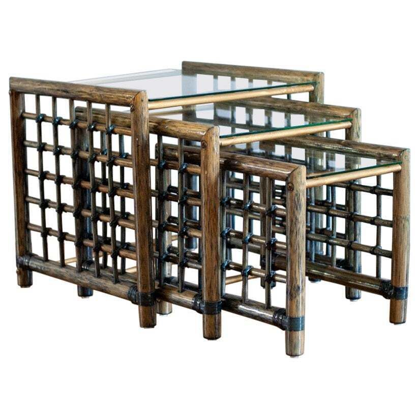 Set Of 3 Nesting Bamboo Tables With Glass Top By Gallotti & Radice   Italy, 1970s