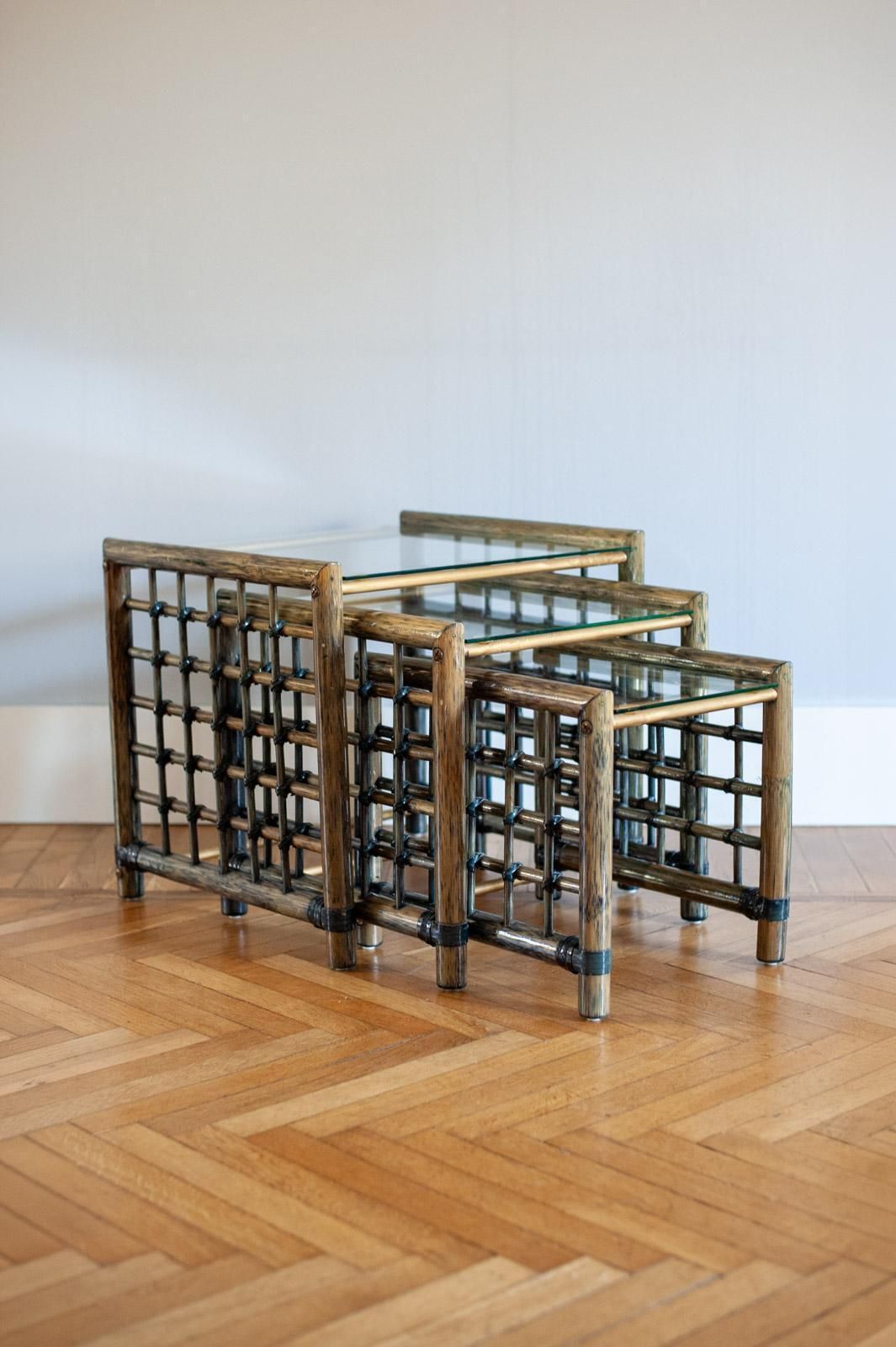 Set Of 3 Nesting Bamboo Tables With Glass Top By Gallotti & Radice   Italy, 1970s photo furniture