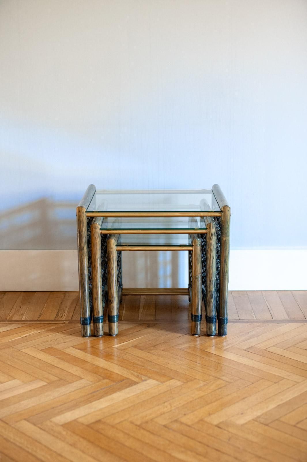 Set Of 3 Nesting Bamboo Tables With Glass Top By Gallotti & Radice   Italy, 1970s photo Furniture