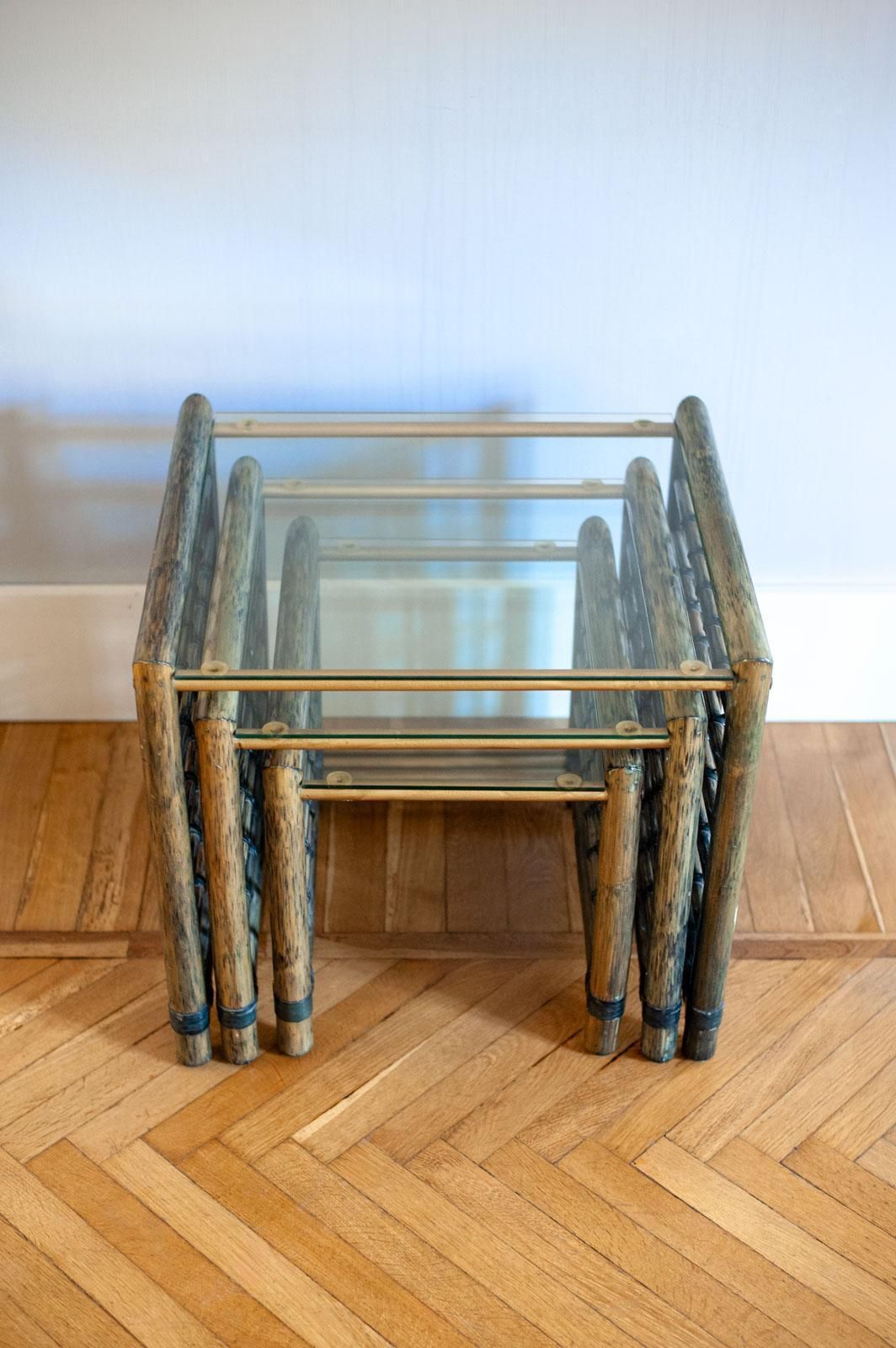 Set Of 3 Nesting Bamboo Tables With Glass Top By Gallotti & Radice   Italy, 1970s photo 2676.0