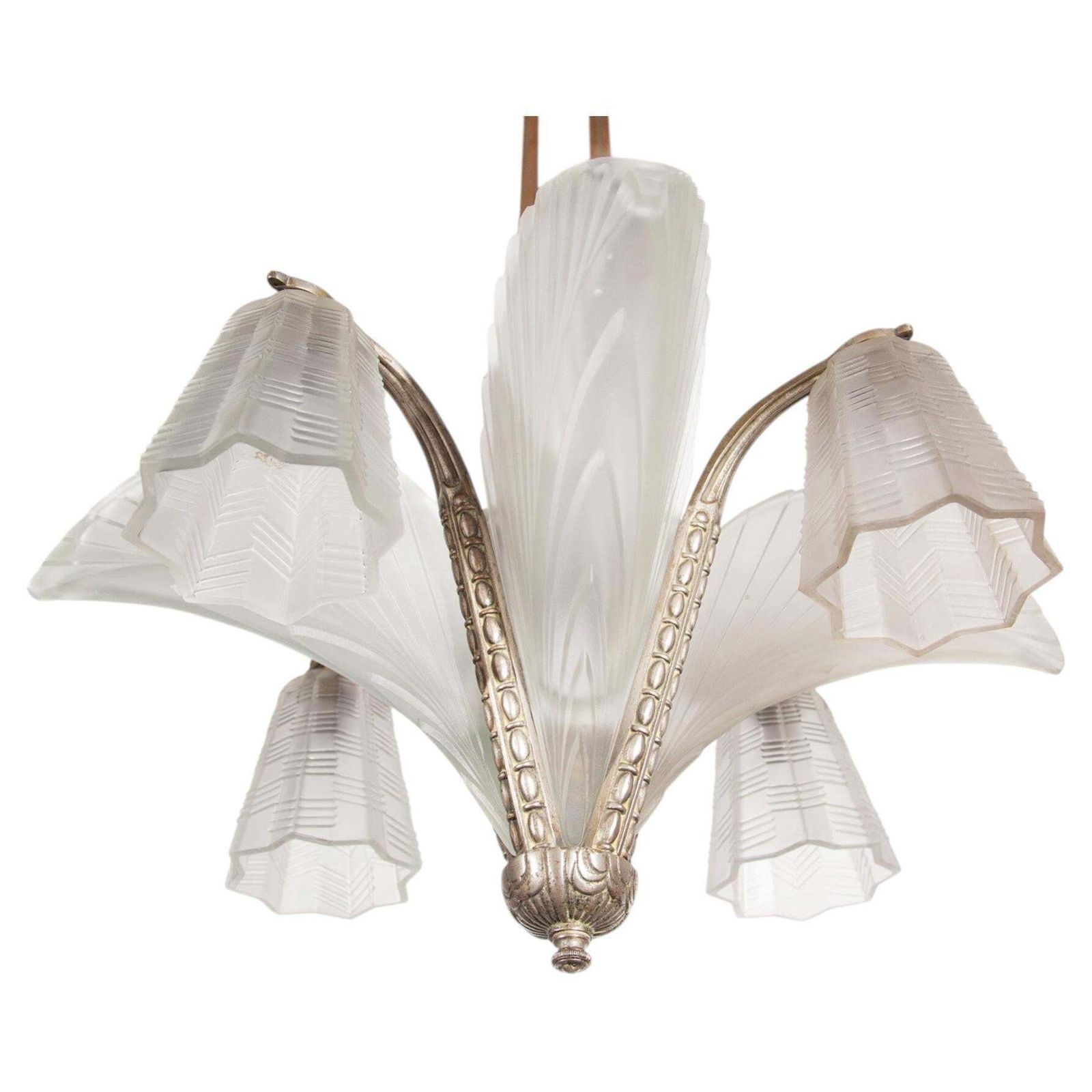 Art Deco Chandelier, Silvered Bronze & Art Glass, France, 1930 photo furniture