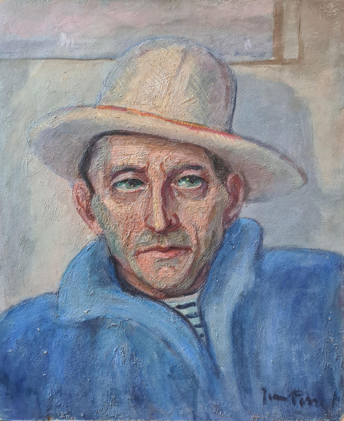 Man In A Hat, Signed Oil Portrait, Mid Century By Jean Perret