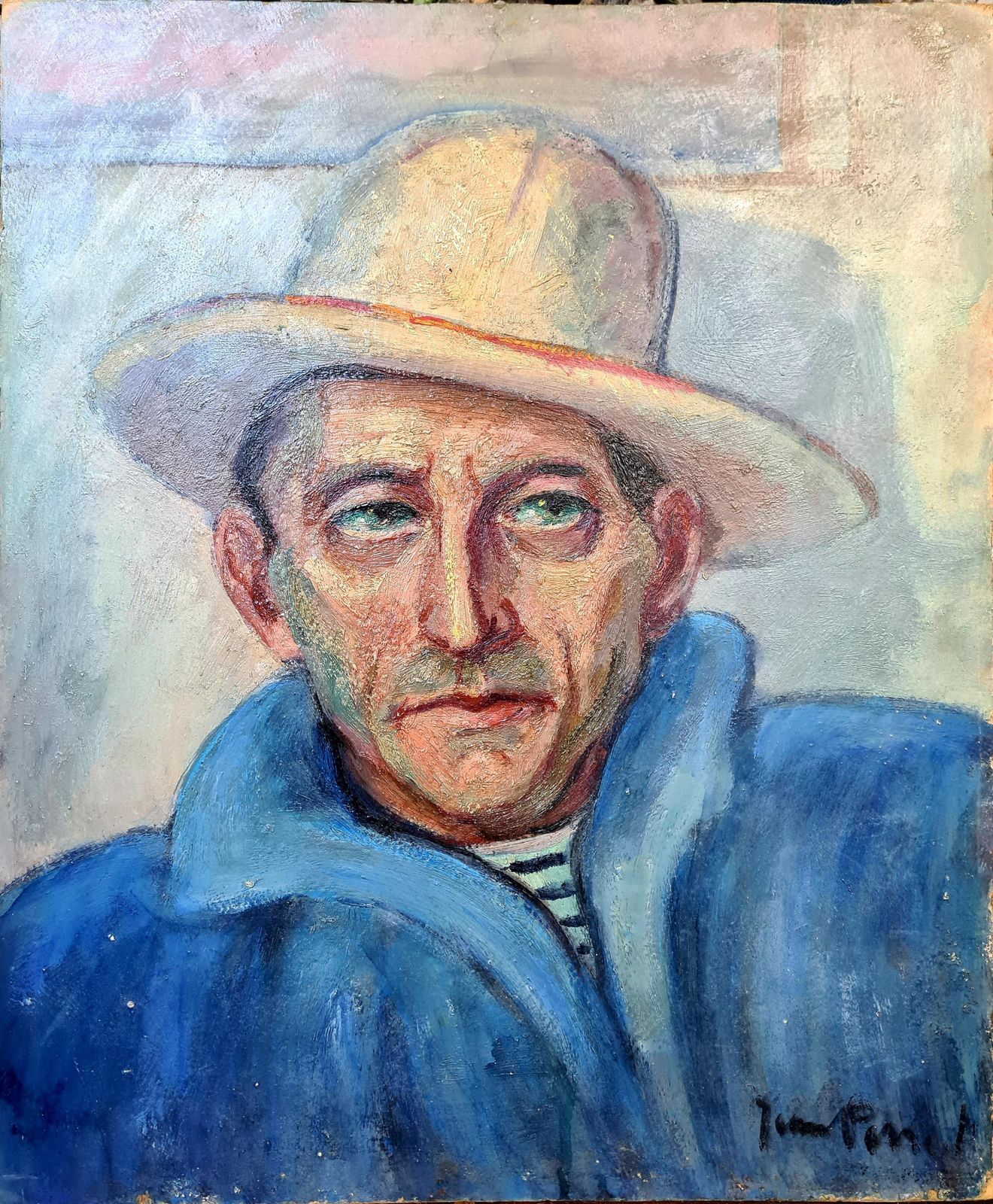 photo furniture Man In A Hat, Signed Oil Portrait, Mid Century By Jean Perret