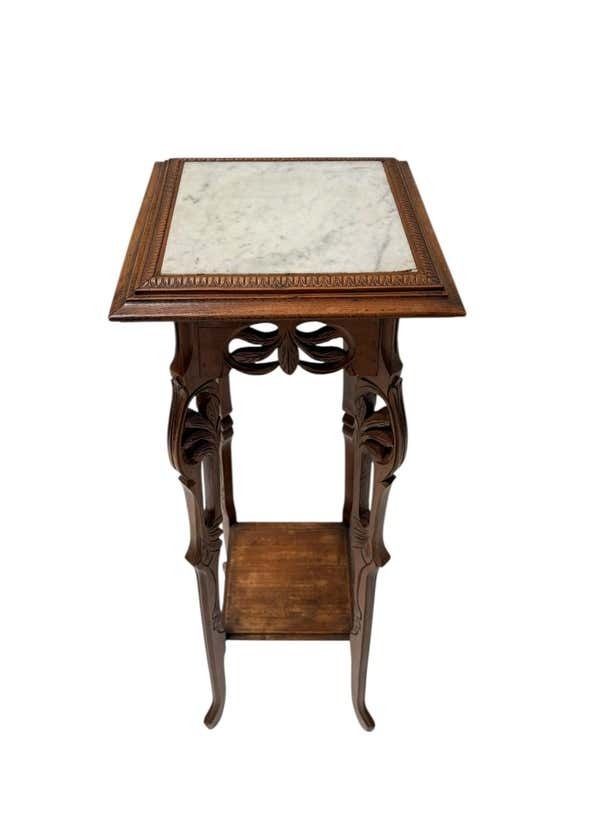 Art Nouveau Pedestal Plant Stand, Hand Carved Beech & Marble, 1900s photo for sale
