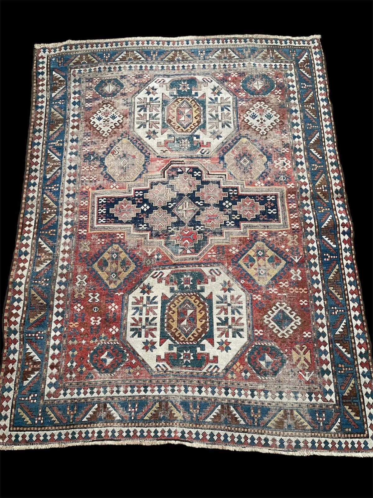 Antique Caucasian Triple Medallion Kazak Rug photo for sale