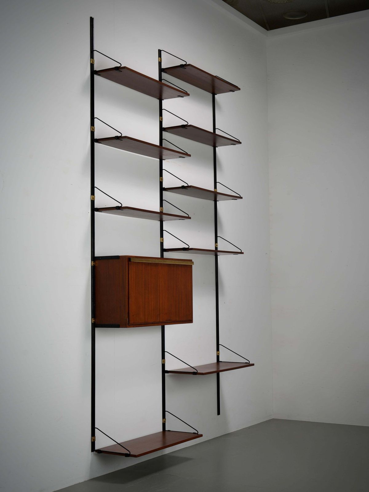 High Modular Wall Unit With Dry Bar In Wood, Metal And Brass, Italy, 1960's photo for sale