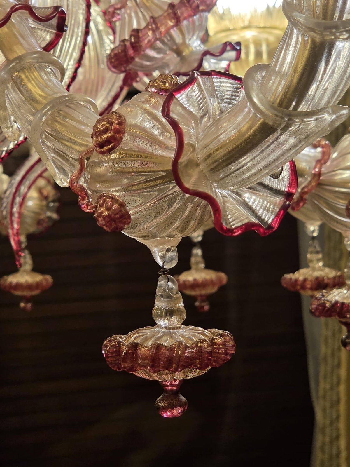 Pair Of Rezzonico Chandeliers Glass Gold Inclusions, Murano photo vintage