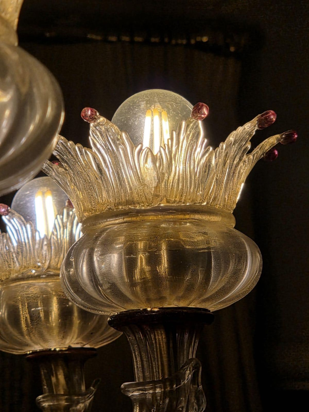 photo for sale Pair Of Rezzonico Chandeliers Glass Gold Inclusions, Murano
