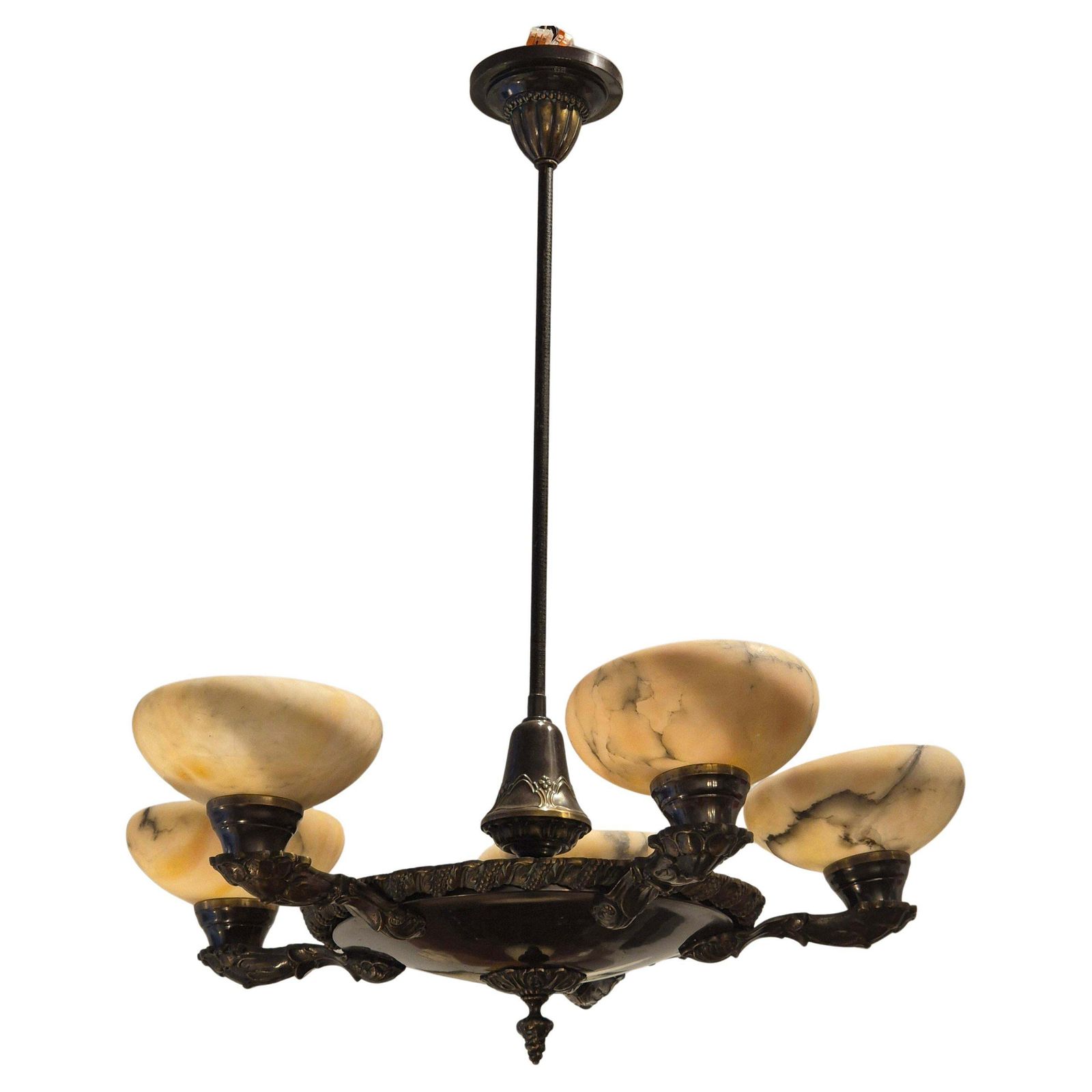 Decorative Early 1900s Chandelier, Bronze And Alabaster, Swedish Jugend.