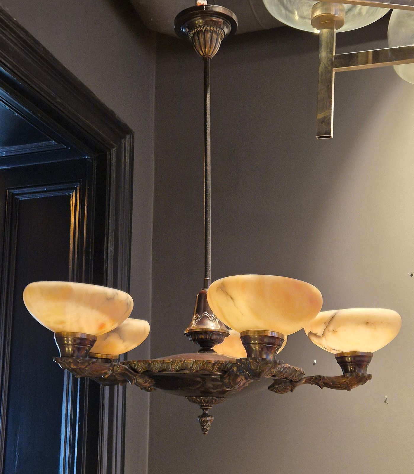 Decorative Early 1900s Chandelier, Bronze And Alabaster, Swedish Jugend. photo buy