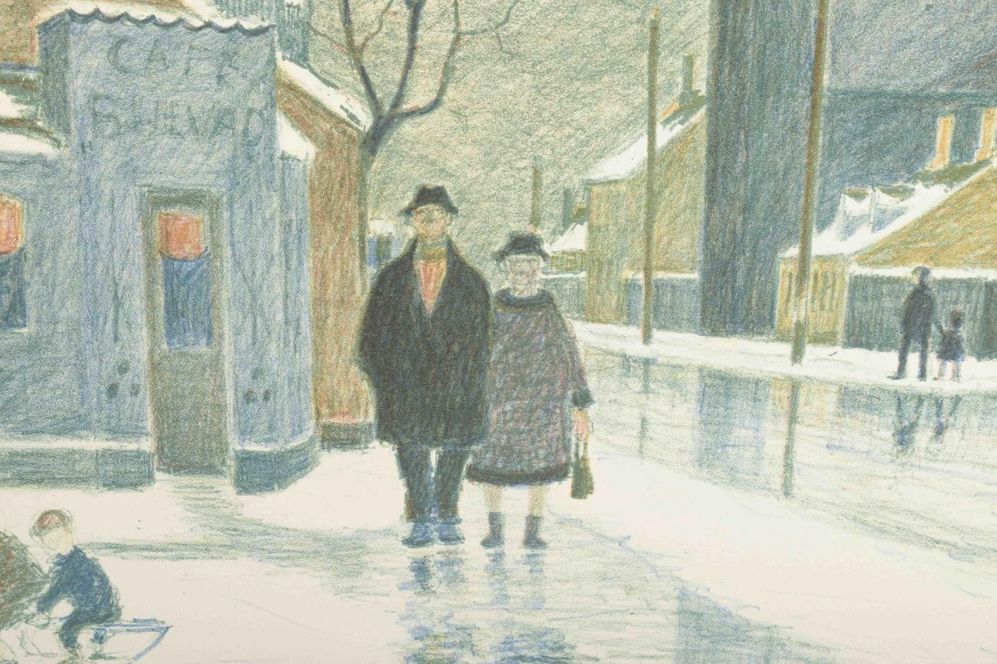 Folmer Bendtsen. Color Lithograph. Working Class Neighborhood In Wintertime. photo for sale