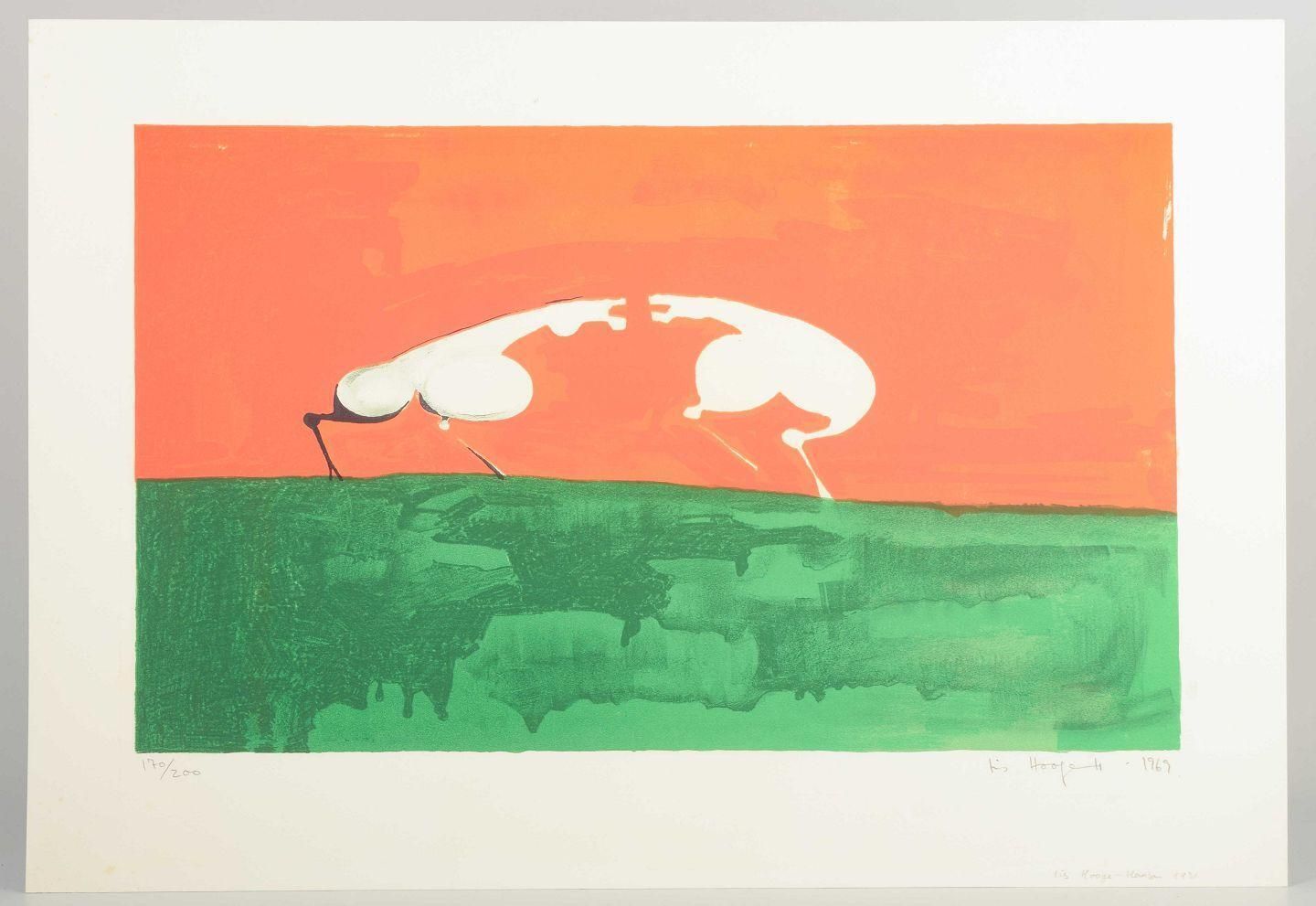 Lis Hooge Hansen, Danish Artist. Color Lithograph. Two Stylized Animals. photo furniture