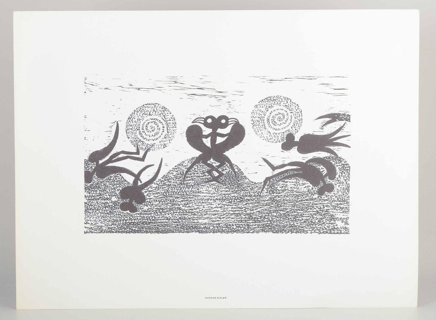 Mogens Zieler. Serigraphy On Paper. Fantastic Landscape With Surreal Figures. photo furniture