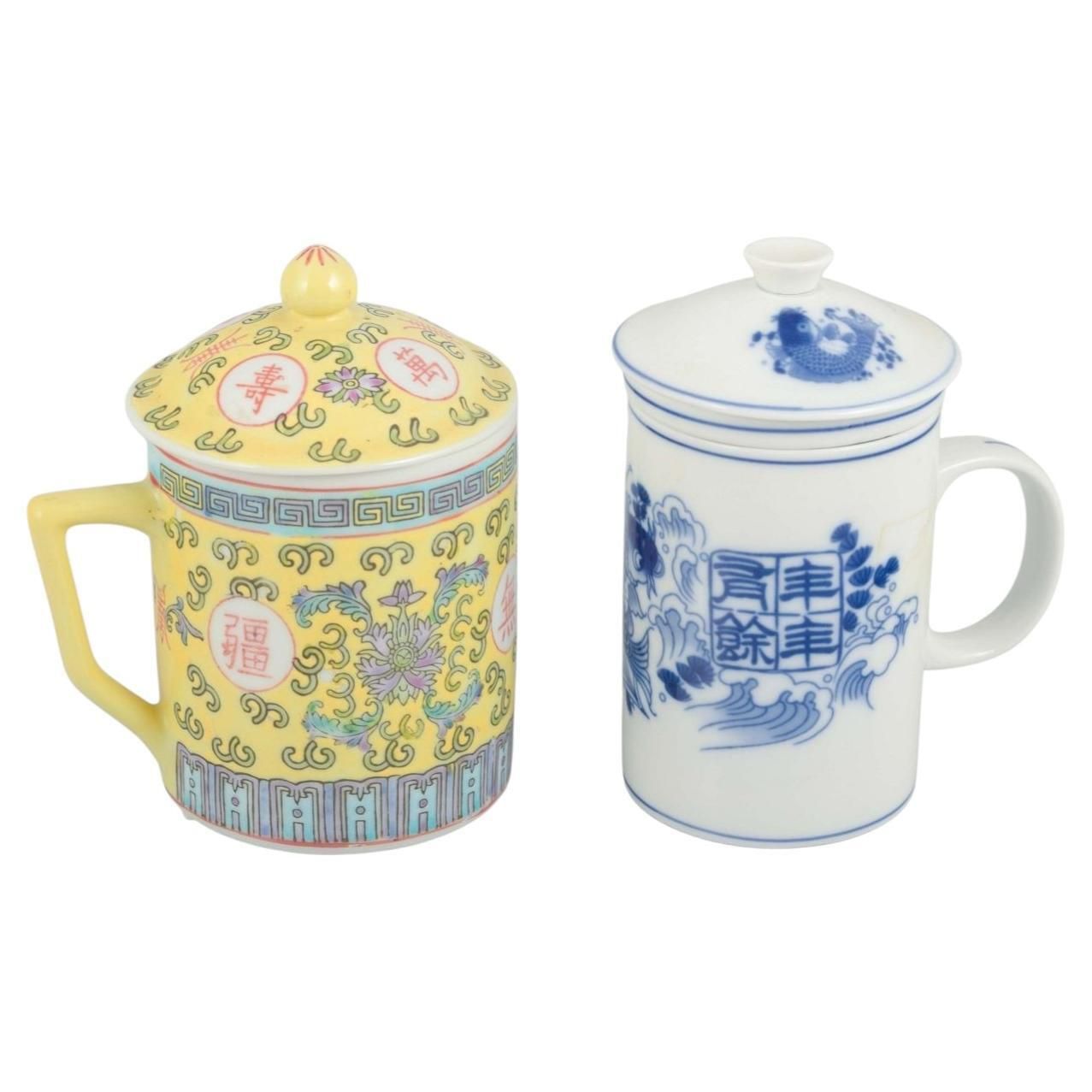Chinese Porcelain. Two Lidded Tea Cups With Strainers, C. 1970s/80s.