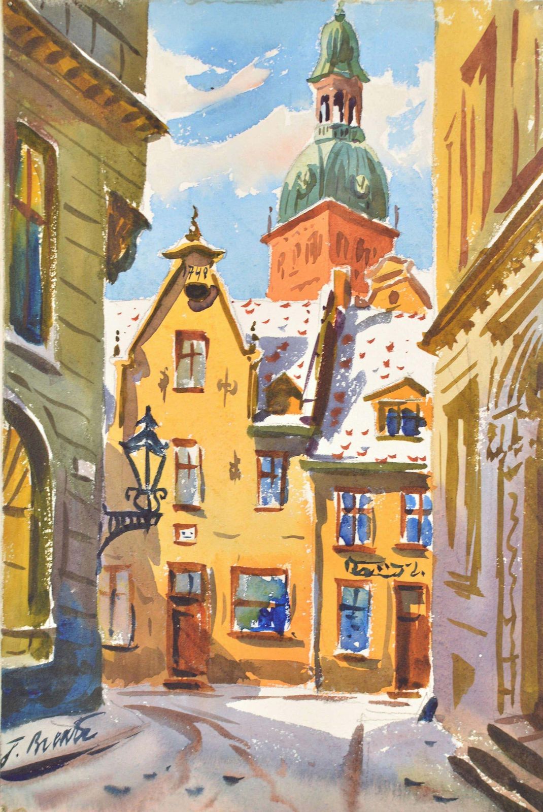 Janis Brektestreet Corner In Old Riga. 1956. Watercolor, Paper. 23x15 Cm. Signed1956