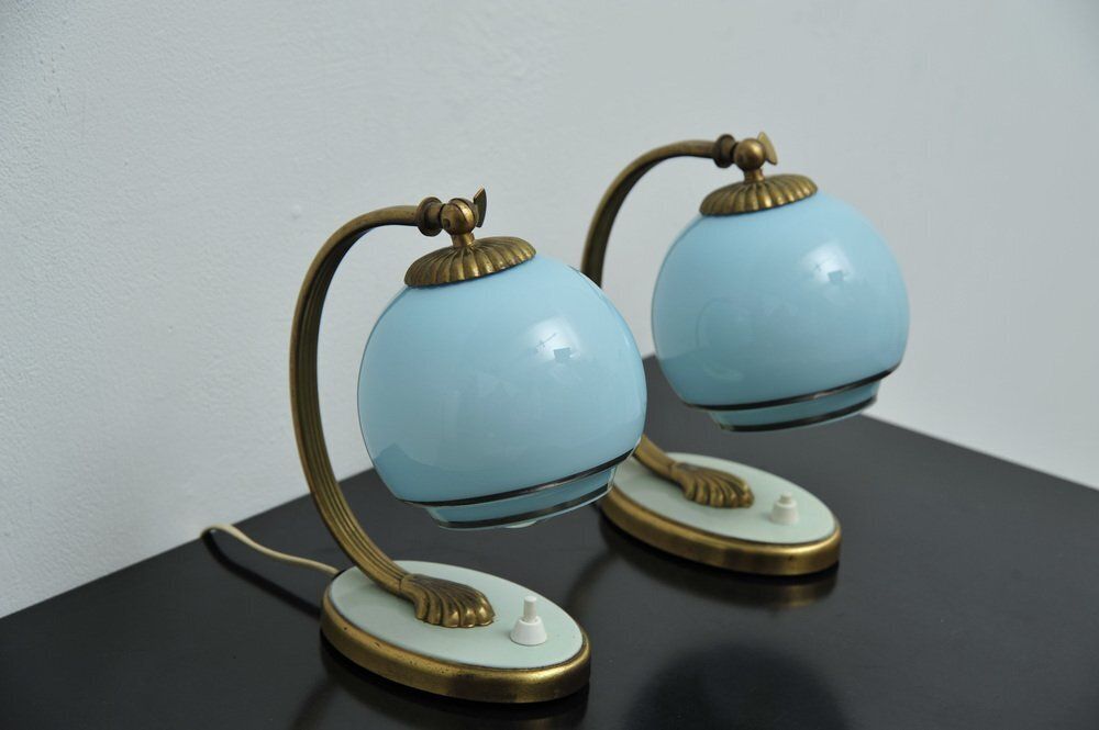 Bedside Lamps With Blue Glass And Bronze Bases, Set Of 2