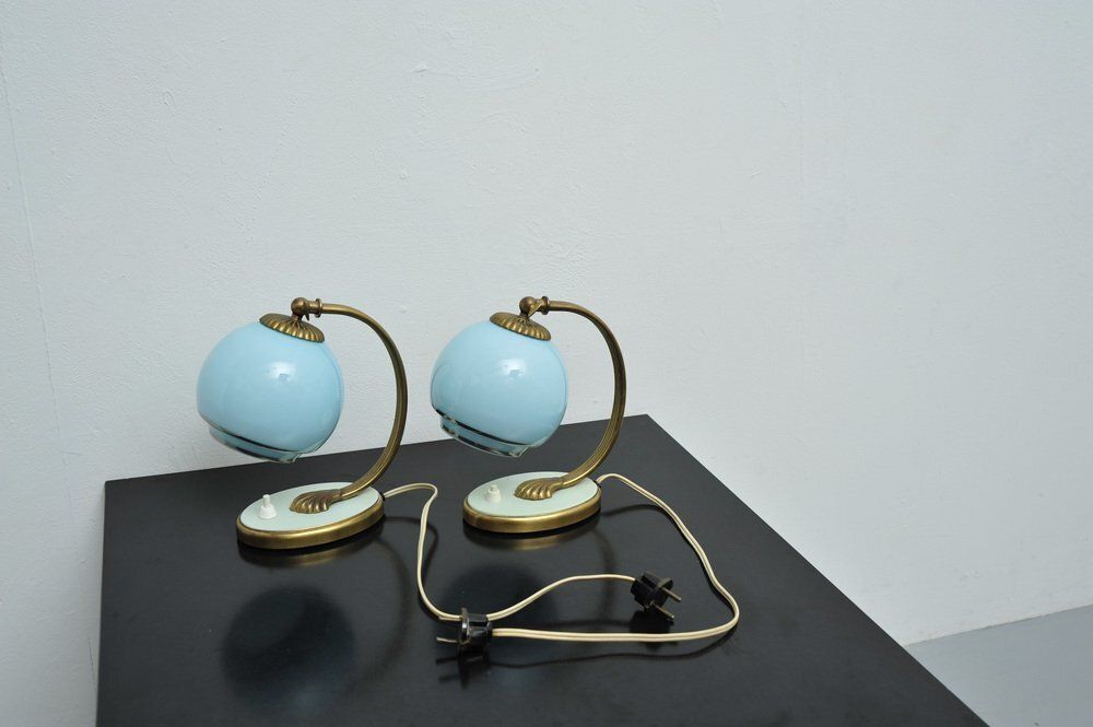 Bedside Lamps With Blue Glass And Bronze Bases, Set Of 2 photo for sale