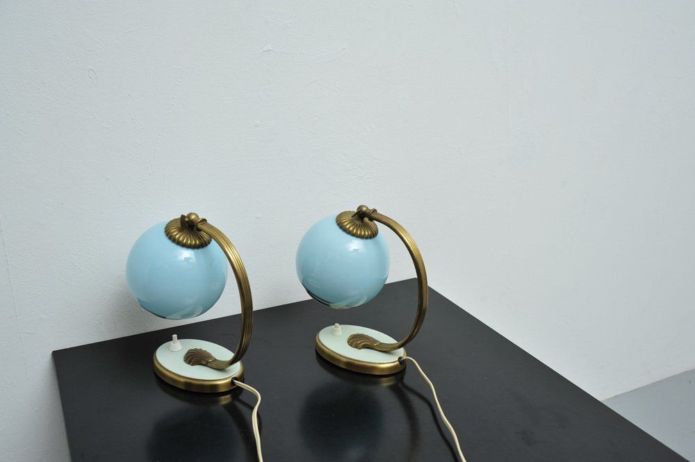 Bedside Lamps With Blue Glass And Bronze Bases, Set Of 2 photo vinterior