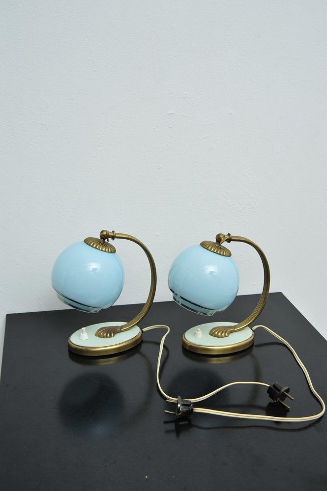photo vinterior Bedside Lamps With Blue Glass And Bronze Bases, Set Of 2