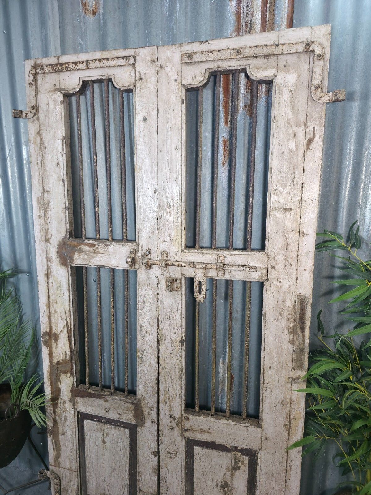 Pair Vintage Rustic Indian Wooden Iron Doors Garden Gates Room Divider Screen photo Home Fixtures